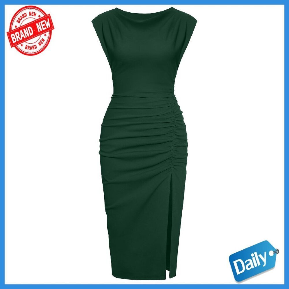 Mock Neck Side Slit Ruched Bodycon Midi Dress Cocktail Wedding Guest